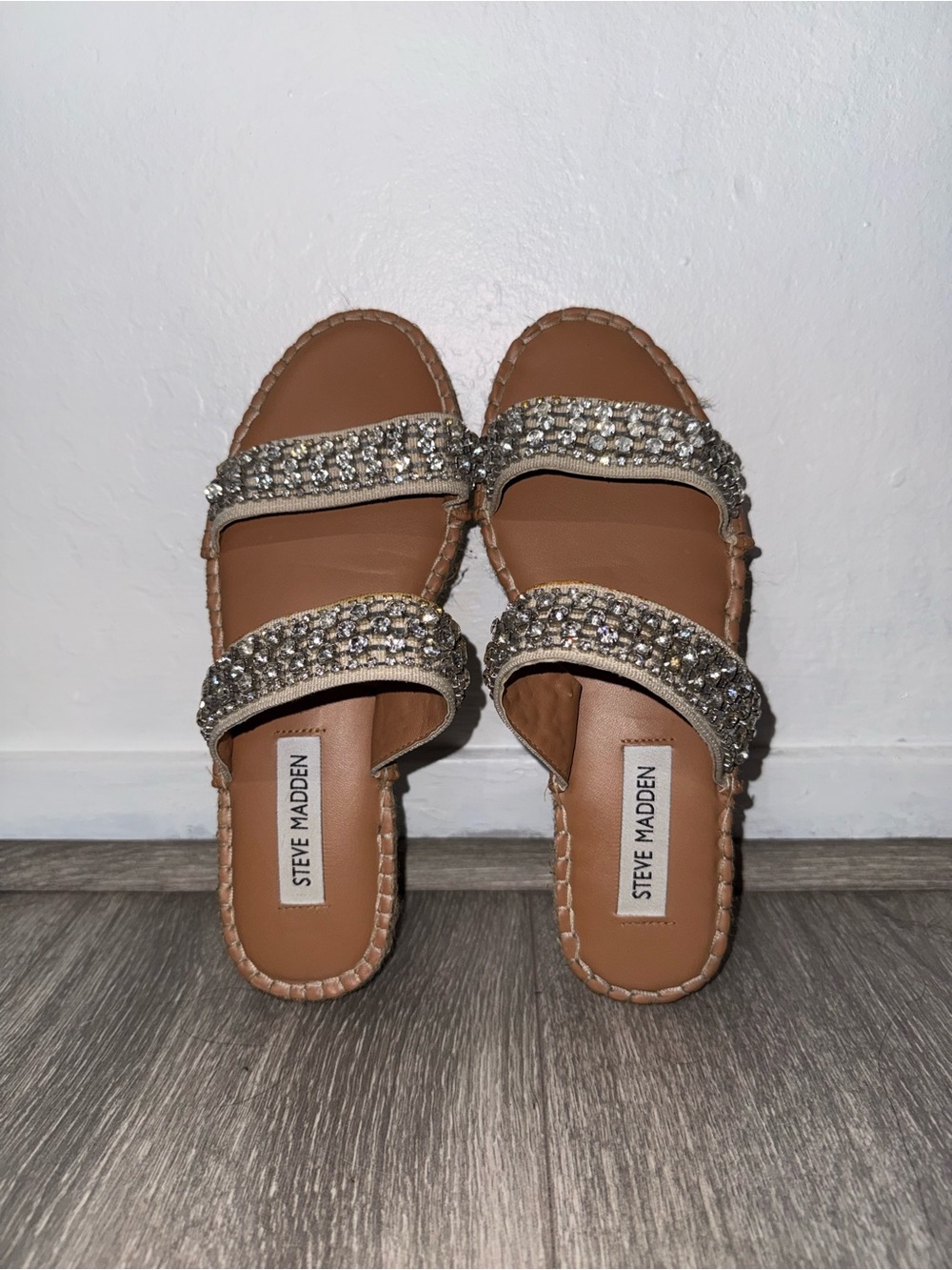 Steve Madden Tan Slide Sandals with Crystal Double Straps